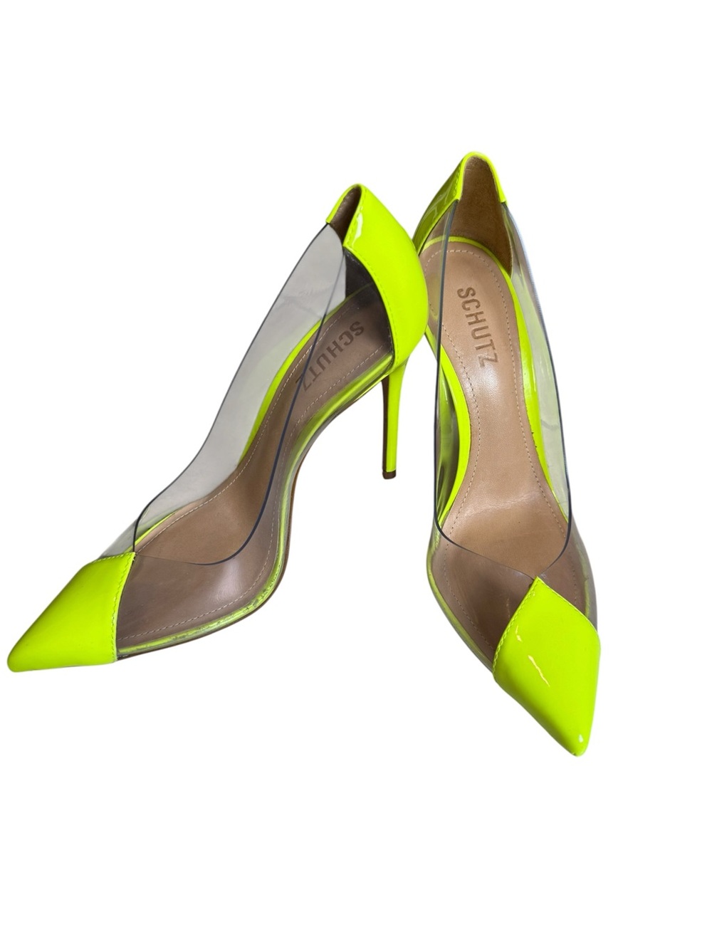 Schutz Garthy Neon Yellow Clear PVC Pointed Toe Stiletto Heels Size 6.5